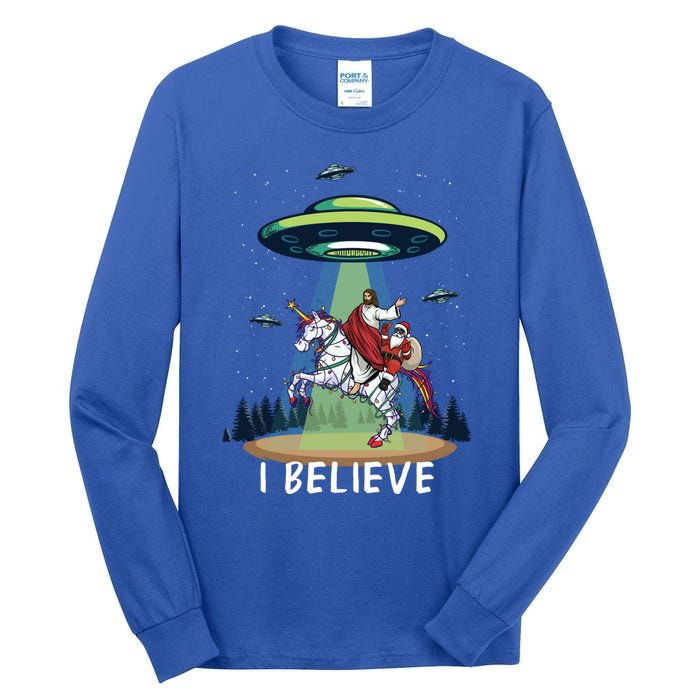 Jesus And Santa Riding On Unicorn Christmas Alien Ufo Believe Gift Tall Long Sleeve T-Shirt