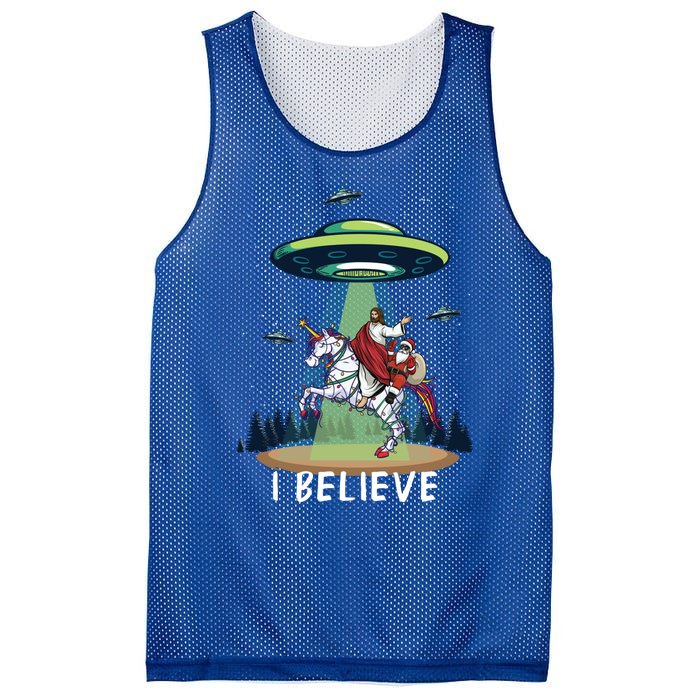 Jesus And Santa Riding On Unicorn Christmas Alien Ufo Believe Gift Mesh Reversible Basketball Jersey Tank