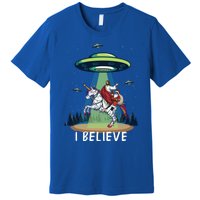 Jesus And Santa Riding On Unicorn Christmas Alien Ufo Believe Gift Premium T-Shirt