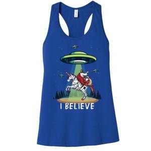 Jesus And Santa Riding On Unicorn Christmas Alien Ufo Believe Gift Women's Racerback Tank