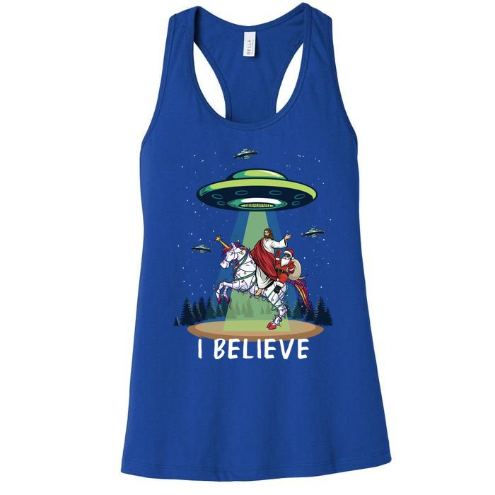 Jesus And Santa Riding On Unicorn Christmas Alien Ufo Believe Gift Women's Racerback Tank