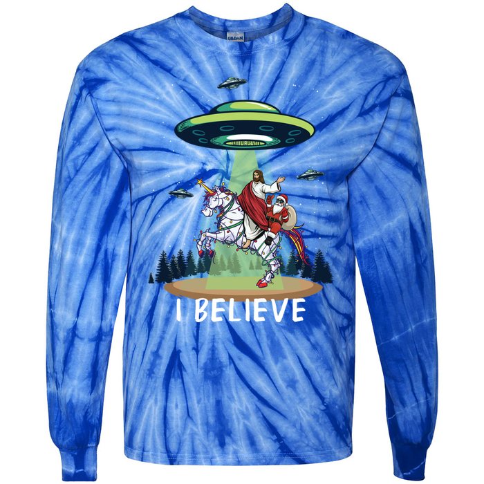 Jesus And Santa Riding On Unicorn Christmas Alien Ufo Believe Gift Tie-Dye Long Sleeve Shirt