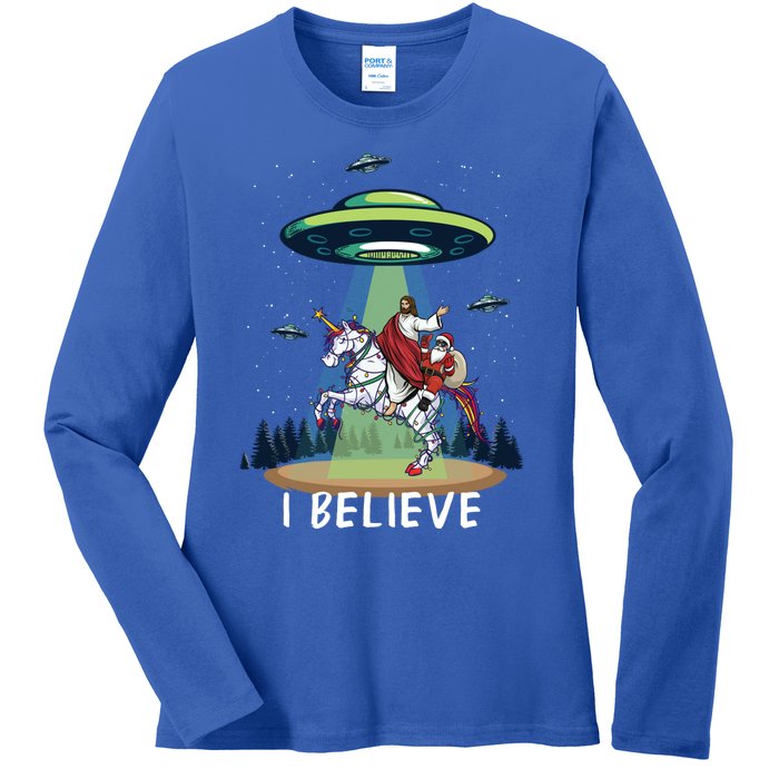 Jesus And Santa Riding On Unicorn Christmas Alien Ufo Believe Gift Ladies Long Sleeve Shirt