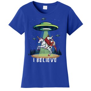 Jesus And Santa Riding On Unicorn Christmas Alien Ufo Believe Gift Women's T-Shirt