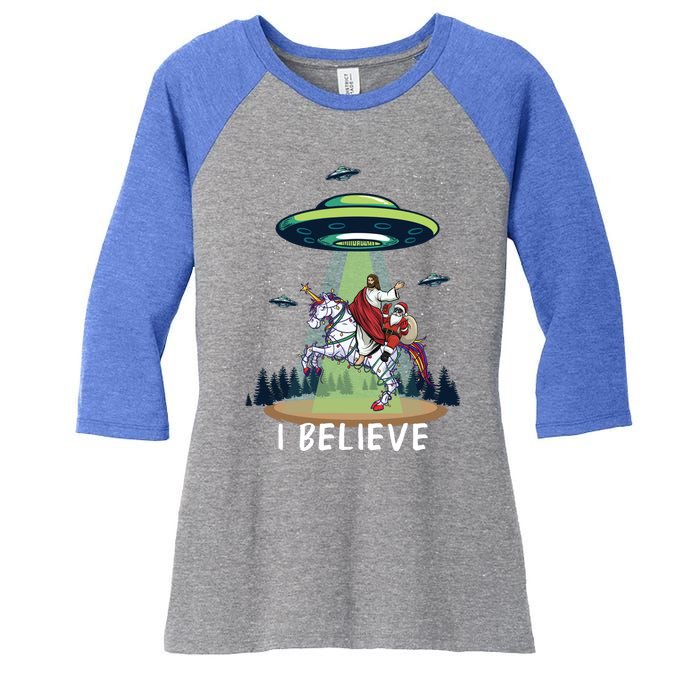 Jesus And Santa Riding On Unicorn Christmas Alien Ufo Believe Gift Women's Tri-Blend 3/4-Sleeve Raglan Shirt