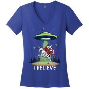 Jesus And Santa Riding On Unicorn Christmas Alien Ufo Believe Gift Women's V-Neck T-Shirt