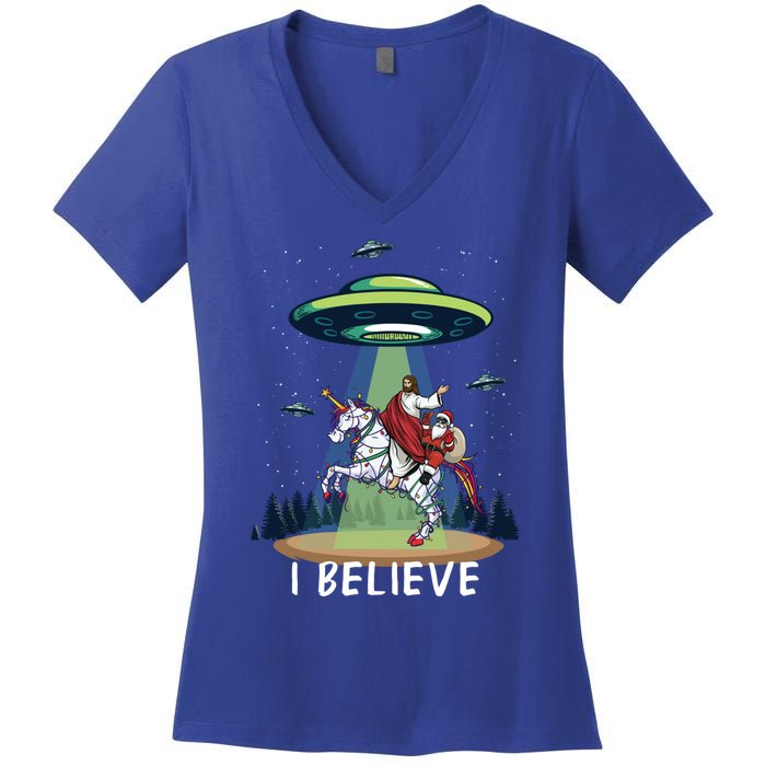 Jesus And Santa Riding On Unicorn Christmas Alien Ufo Believe Gift Women's V-Neck T-Shirt