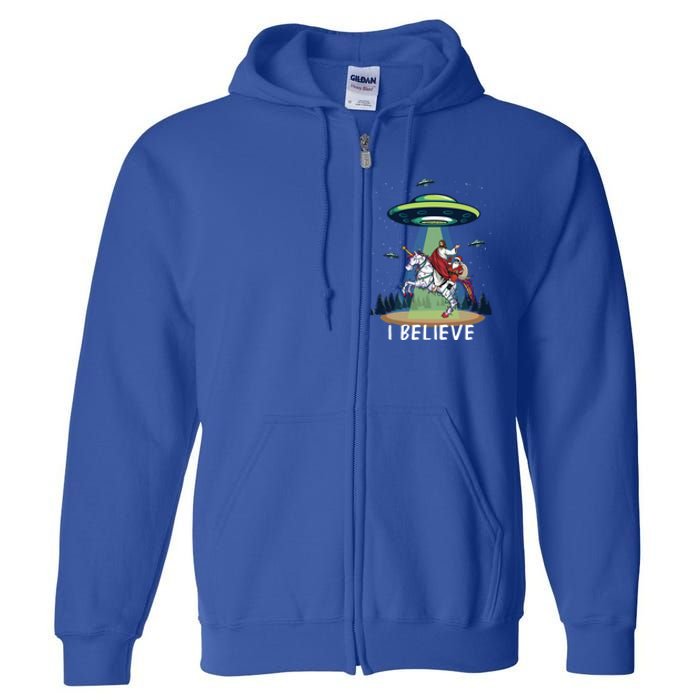 Jesus And Santa Riding On Unicorn Christmas Alien Ufo Believe Gift Full Zip Hoodie