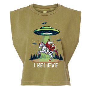 Jesus And Santa Riding On Unicorn Christmas Alien Ufo Believe Gift Garment-Dyed Women's Muscle Tee