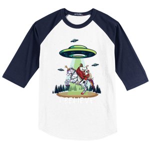 Jesus And Santa Riding On Unicorn Christmas Alien Ufo Believe Gift Baseball Sleeve Shirt