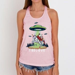 Jesus And Santa Riding On Unicorn Christmas Alien Ufo Believe Gift Women's Knotted Racerback Tank