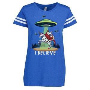 Jesus And Santa Riding On Unicorn Christmas Alien Ufo Believe Gift Enza Ladies Jersey Football T-Shirt