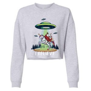 Jesus And Santa Riding On Unicorn Christmas Alien Ufo Believe Gift Cropped Pullover Crew