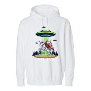 Jesus And Santa Riding On Unicorn Christmas Alien Ufo Believe Gift Garment-Dyed Fleece Hoodie