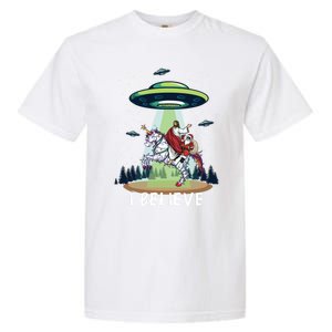 Jesus And Santa Riding On Unicorn Christmas Alien Ufo Believe Gift Garment-Dyed Heavyweight T-Shirt