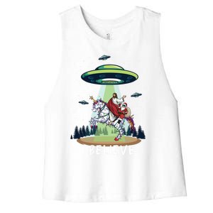 Jesus And Santa Riding On Unicorn Christmas Alien Ufo Believe Gift Women's Racerback Cropped Tank