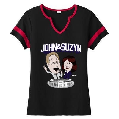 John And Suzyn Talking Bobblehead Night Caricature Ladies Halftime Notch Neck Tee