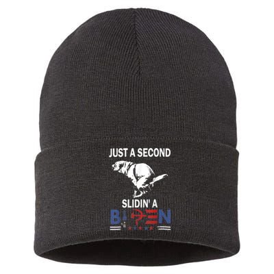 Just A Second Slidin A Biden Funny Joe Biden Sustainable Knit Beanie