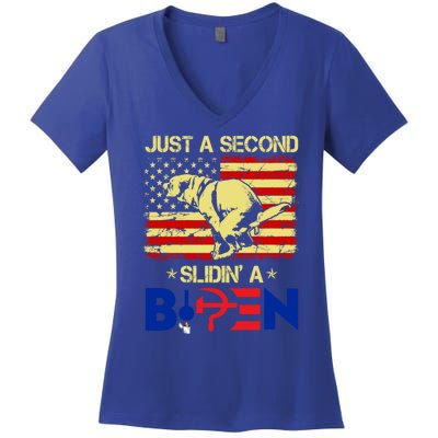 Just A Second Slidin A Biden Funny American Flag Women's V-Neck T-Shirt