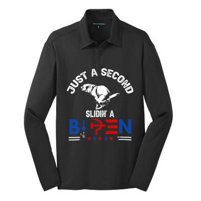 Just A Second Slidin A Biden Funny Silk Touch Performance Long Sleeve Polo