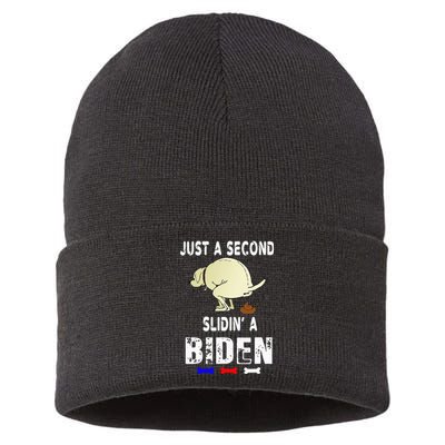 Just A Second Sliding Funny Saying Biden President Sustainable Knit Beanie