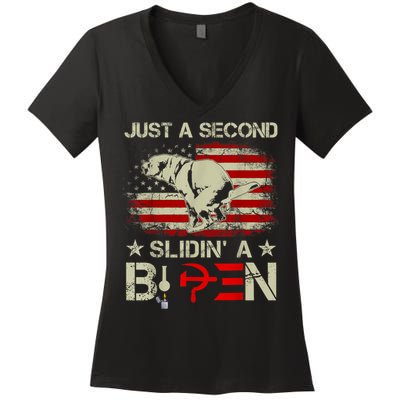 Just A Second Slidin A Biden Funny Saying Biden President Women's V-Neck T-Shirt