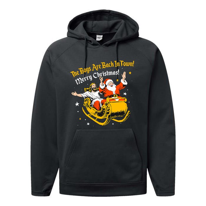 Jesus And Santa Claus The Boy Are Back In A Town Christmas Performance Fleece Hoodie