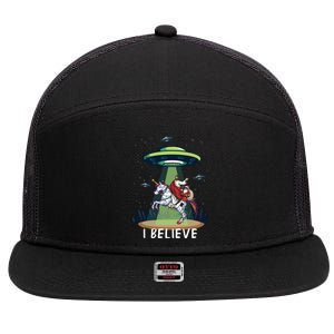 Jesus And Santa Riding On Unicorn Christmas Alien Ufo Believe Gift 7 Panel Mesh Trucker Snapback Hat