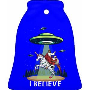 Jesus And Santa Riding On Unicorn Christmas Alien Ufo Believe Gift Ceramic Bell Ornament