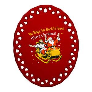 Jesus And Santa Claus The Are Back In A Town Christmas Ceramic Oval Ornament