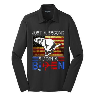 Just A Second Slidin A Biden Dog American Usa Flag Silk Touch Performance Long Sleeve Polo