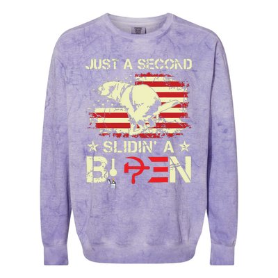 Just A Second Slidin A Biden Funny Saying Biden President Colorblast Crewneck Sweatshirt