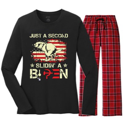 Just A Second Slidin A Biden Funny Saying Biden President Women's Long Sleeve Flannel Pajama Set 