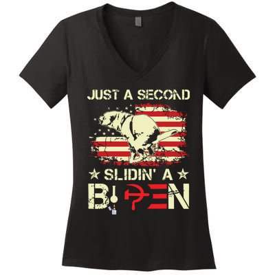 Just A Second Slidin A Biden Funny Saying Biden President Women's V-Neck T-Shirt