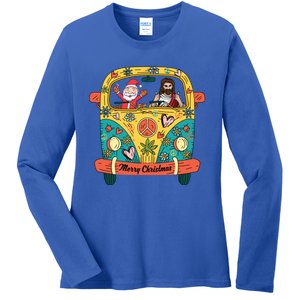 Jesus And Santa Claus Riding On Peace Van Merry Christmas Meaningful Gift Ladies Long Sleeve Shirt