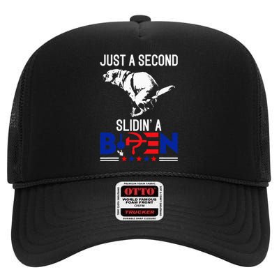 Just A Second Slidin A Biden Humour Biden High Crown Mesh Back Trucker Hat