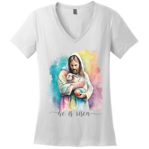 Jesus And The Easter Bunny He Is Risen Christian Women's V-Neck T-Shirt