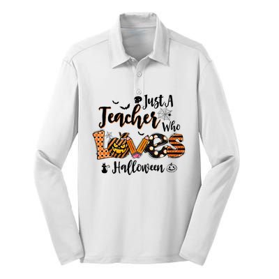 Just A Teacher Who Loves Halloween Pumpkin Witch Costume Silk Touch Performance Long Sleeve Polo