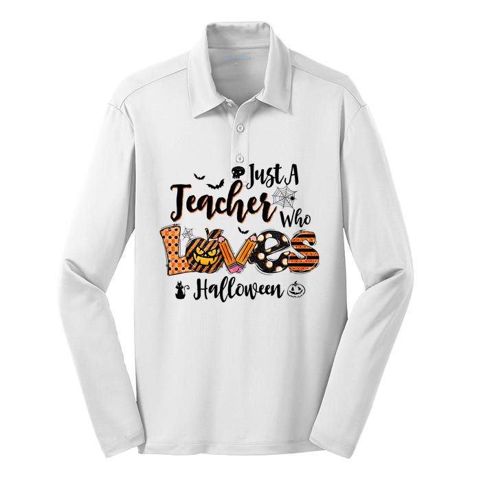 Just A Teacher Who Loves Halloween Pumpkin Witch Costume Silk Touch Performance Long Sleeve Polo