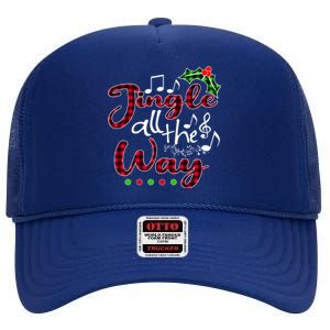 Jingle All The Way Funny Christmas Buffallo Green Plaid Gift High Crown Mesh Back Trucker Hat