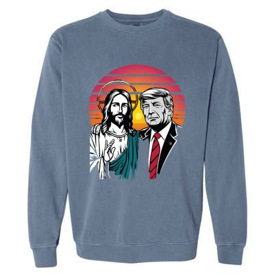 Jesus And Trump Retro Sunset Take America Back Trump 2024 Great Gift Garment-Dyed Sweatshirt