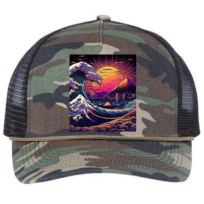 Japanese Art Ukiyoe Style Retrowave Great Wave Off Kanagawa Retro Rope Trucker Hat Cap