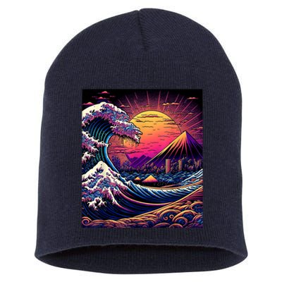 Japanese Art Ukiyoe Style Retrowave Great Wave Off Kanagawa Short Acrylic Beanie