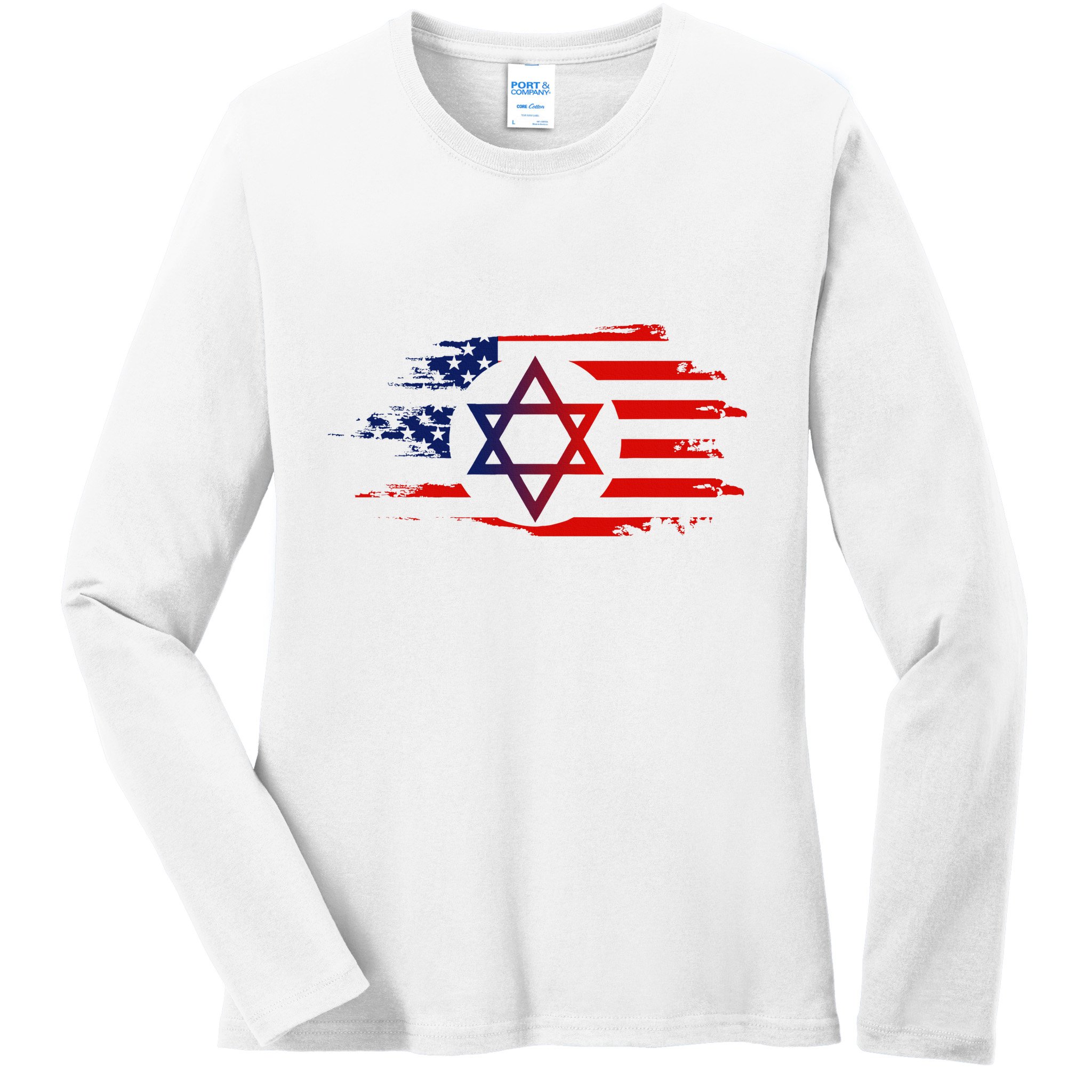 Jewish American Usa Flag With Star Of David Israel Ladies Long Sleeve Shirt