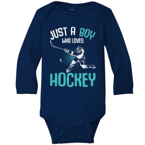 Just A Who Loves Hockey Player Ice Hockey Gift Baby Long Sleeve Bodysuit