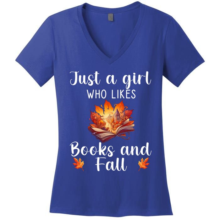 Just A Who Loves Fall And Books Automn Pumpkin Spice Gift Women's V-Neck T-Shirt