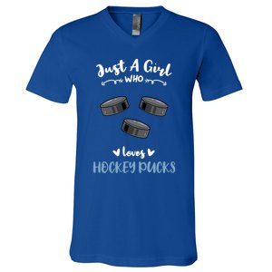 Just A Who Loves Hockey Pucks Gift V-Neck T-Shirt