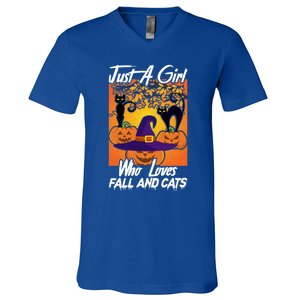 Just A Who Loves Fall And Cats Halloween Costume Gift V-Neck T-Shirt