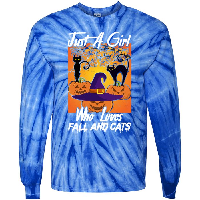 Just A Who Loves Fall And Cats Halloween Costume Gift Tie-Dye Long Sleeve Shirt