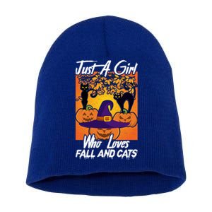 Just A Who Loves Fall And Cats Halloween Costume Gift Short Acrylic Beanie